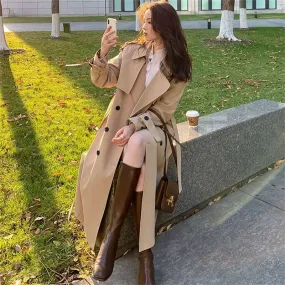 BonnyshowStreetwear Loose Trench Coat Midi Length Fashion Korean Elegant Khaki Black Women's Windbreaker Coat Casual Double Breasted Tops