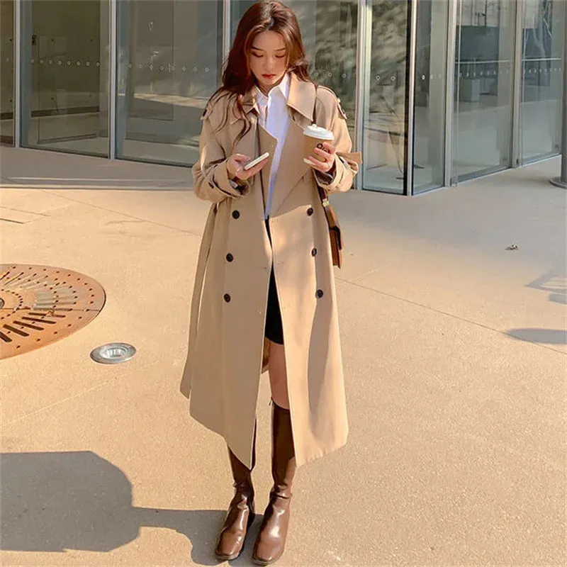 BonnyshowStreetwear Loose Trench Coat Midi Length Fashion Korean Elegant Khaki Black Women's Windbreaker Coat Casual Double Breasted Tops