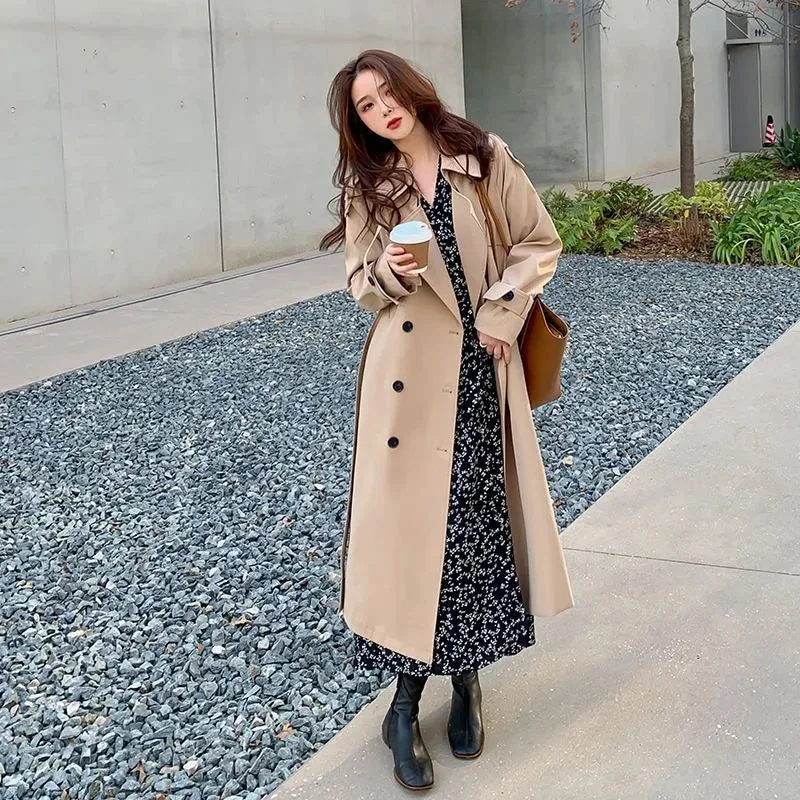 BonnyshowStreetwear Loose Trench Coat Midi Length Fashion Korean Elegant Khaki Black Women's Windbreaker Coat Casual Double Breasted Tops