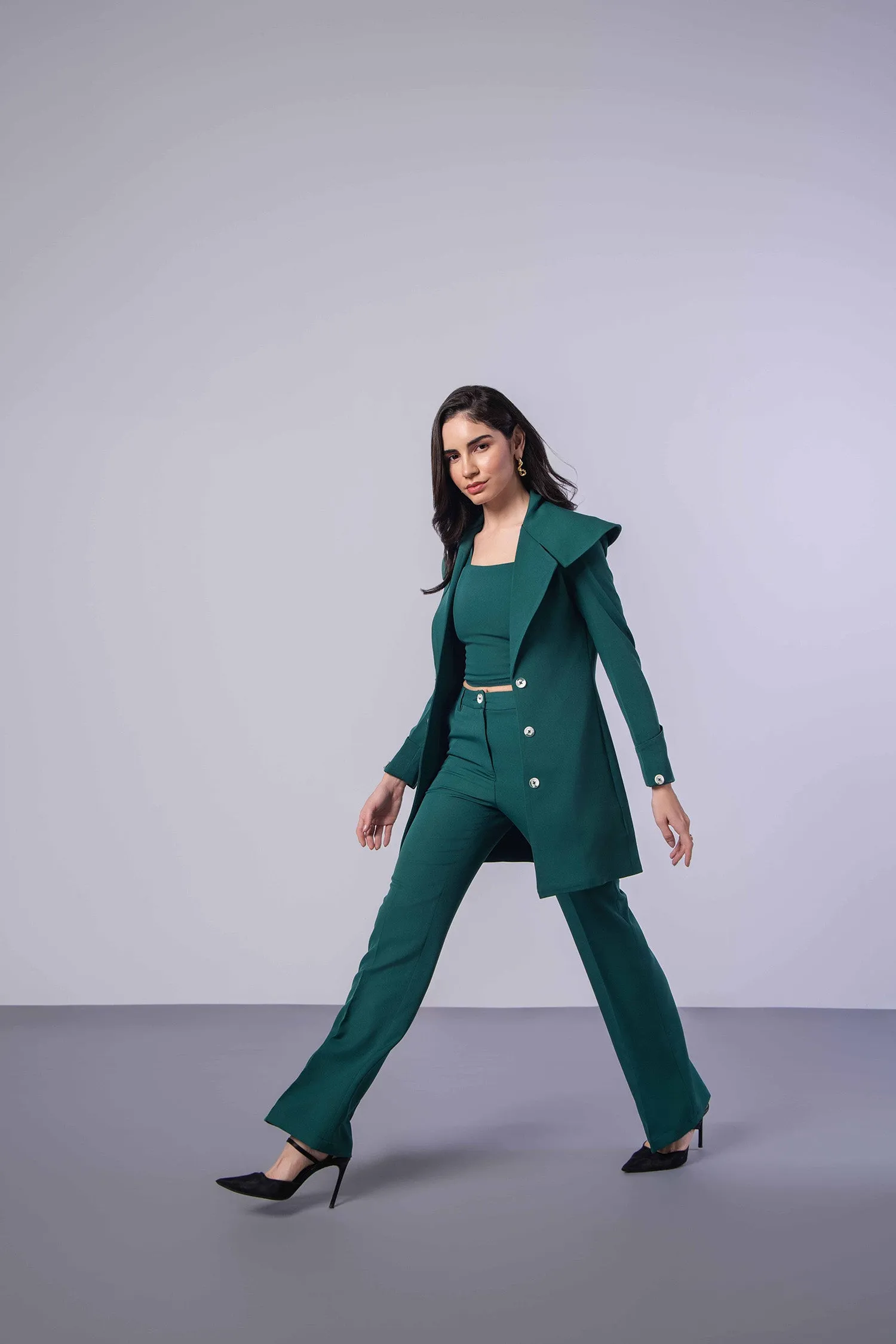 Bottle Green Trench Coat with Crop Top and Pants