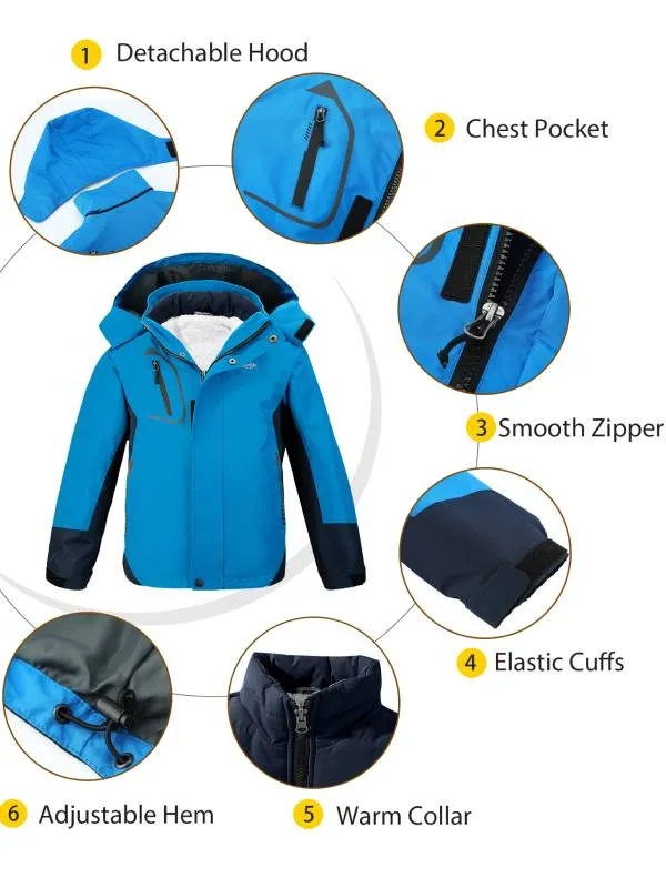 Boys Winter Warm Jacket 3 in 1 Ski Waterproof Hooded Snow Coat