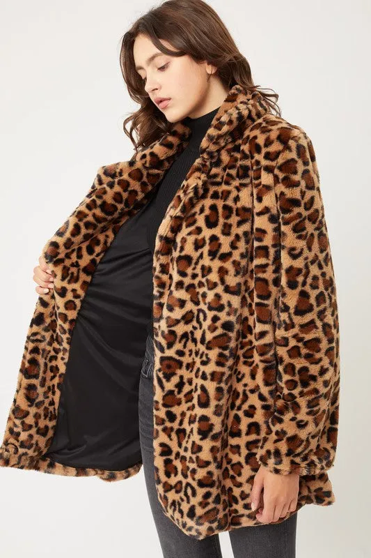 Brown Leopard Print Notch Collar Faux Fur Teddy Coat