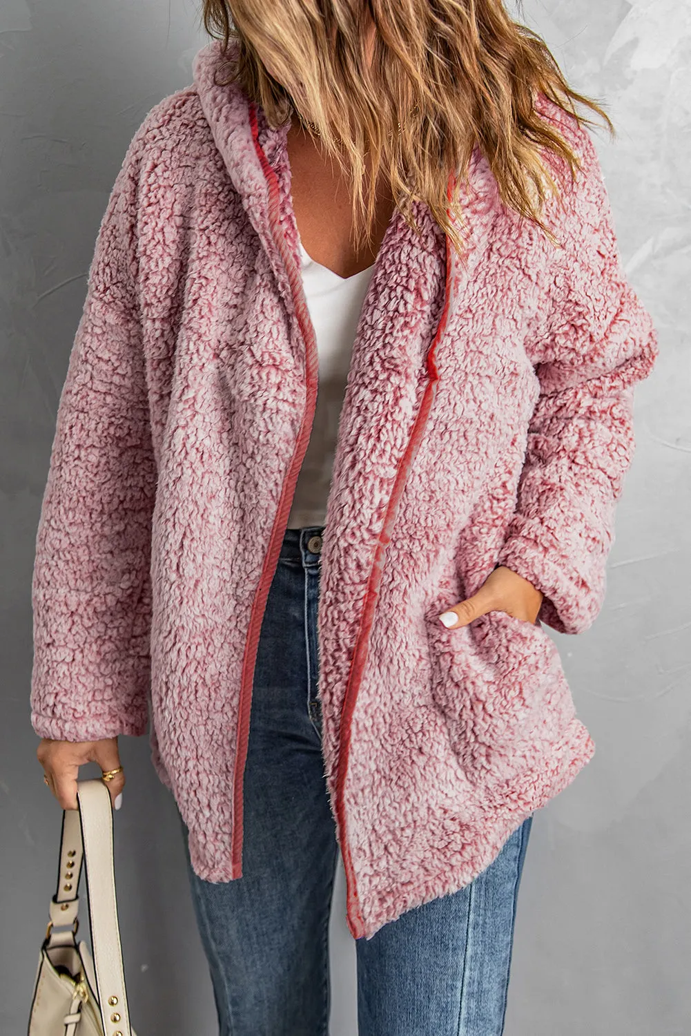 Button Front Hooded Teddy Coat