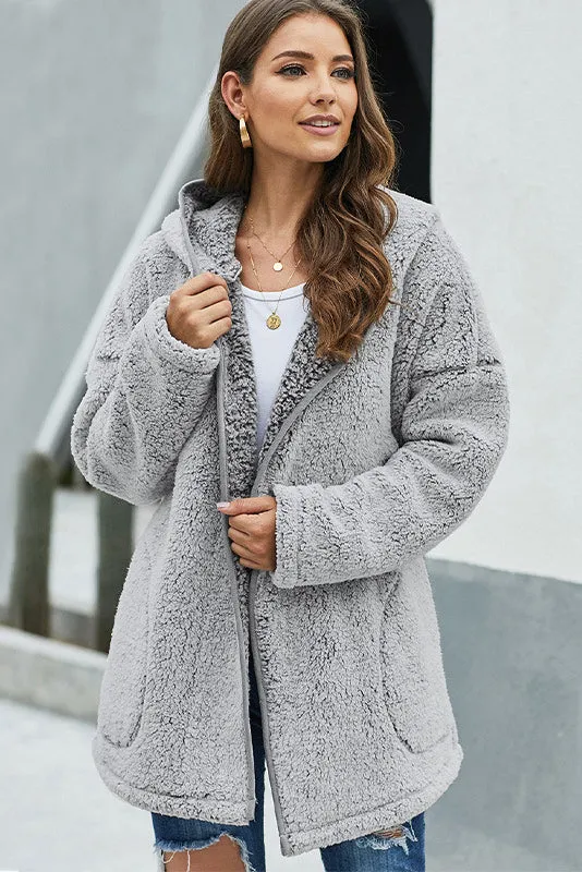 Button Front Hooded Teddy Coat