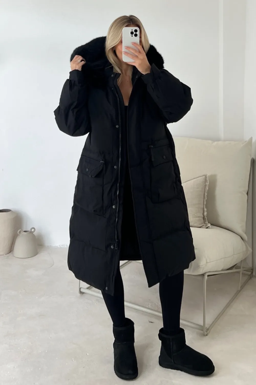 Carrie black long puffer coat with faux fur hood