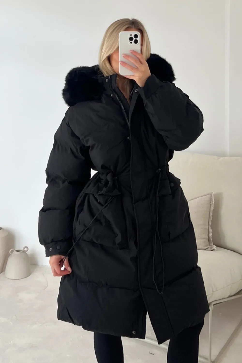 Carrie black long puffer coat with faux fur hood