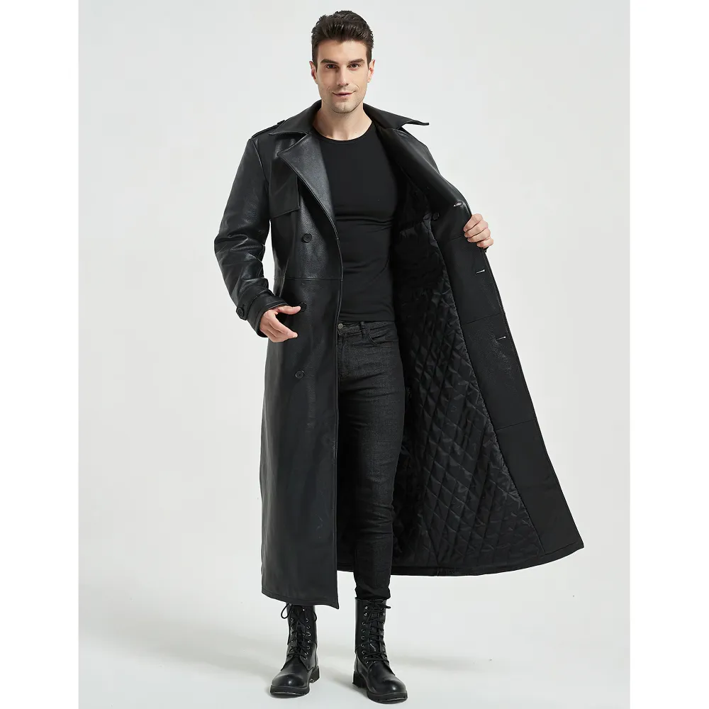 CLEARANCE / Men's Ultra Long Leather Coat with Belted - US