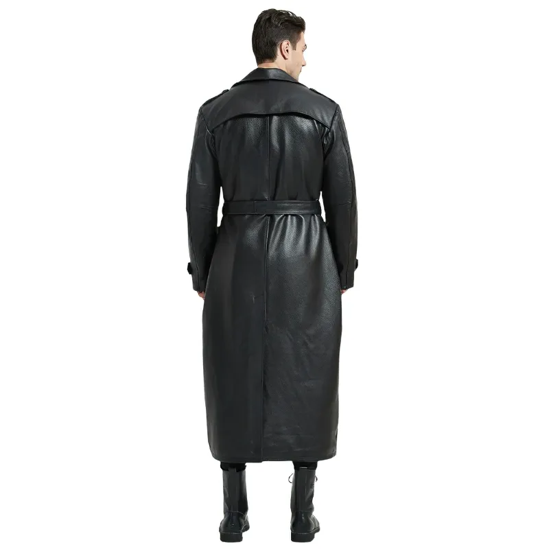 CLEARANCE / Men's Ultra Long Leather Coat with Belted - US