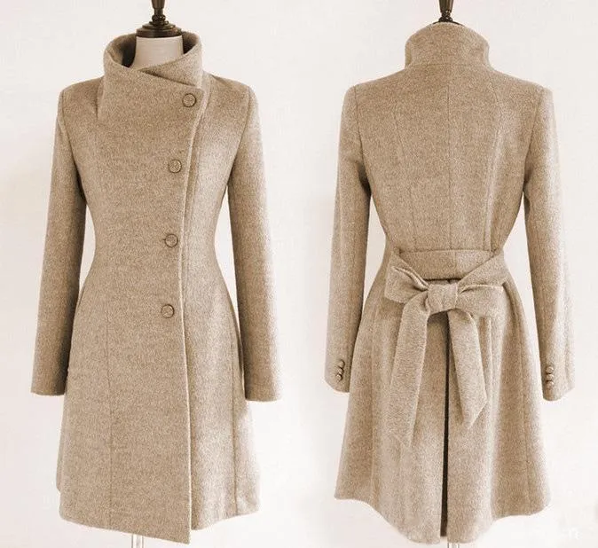 Clearance Slim Bowknot Sash Worsted Trench Coat