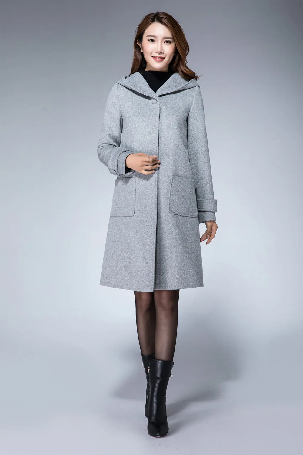 coat jacket, gray coat, wool coat, A line coat, hooded coat, ladies coat, winter coat 1865#