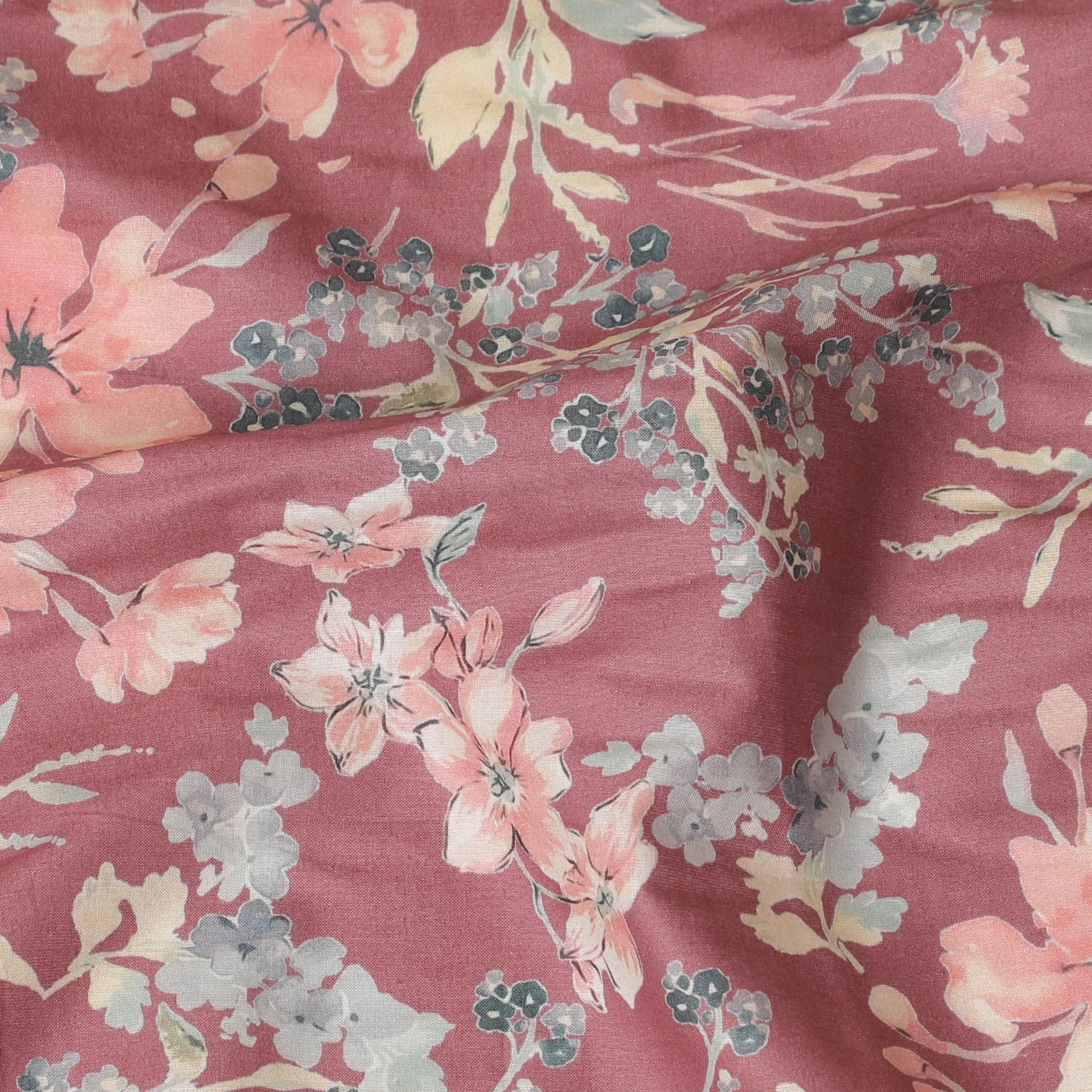 Copper brown cotton satin fabric with multicolor print in floral design-D16777