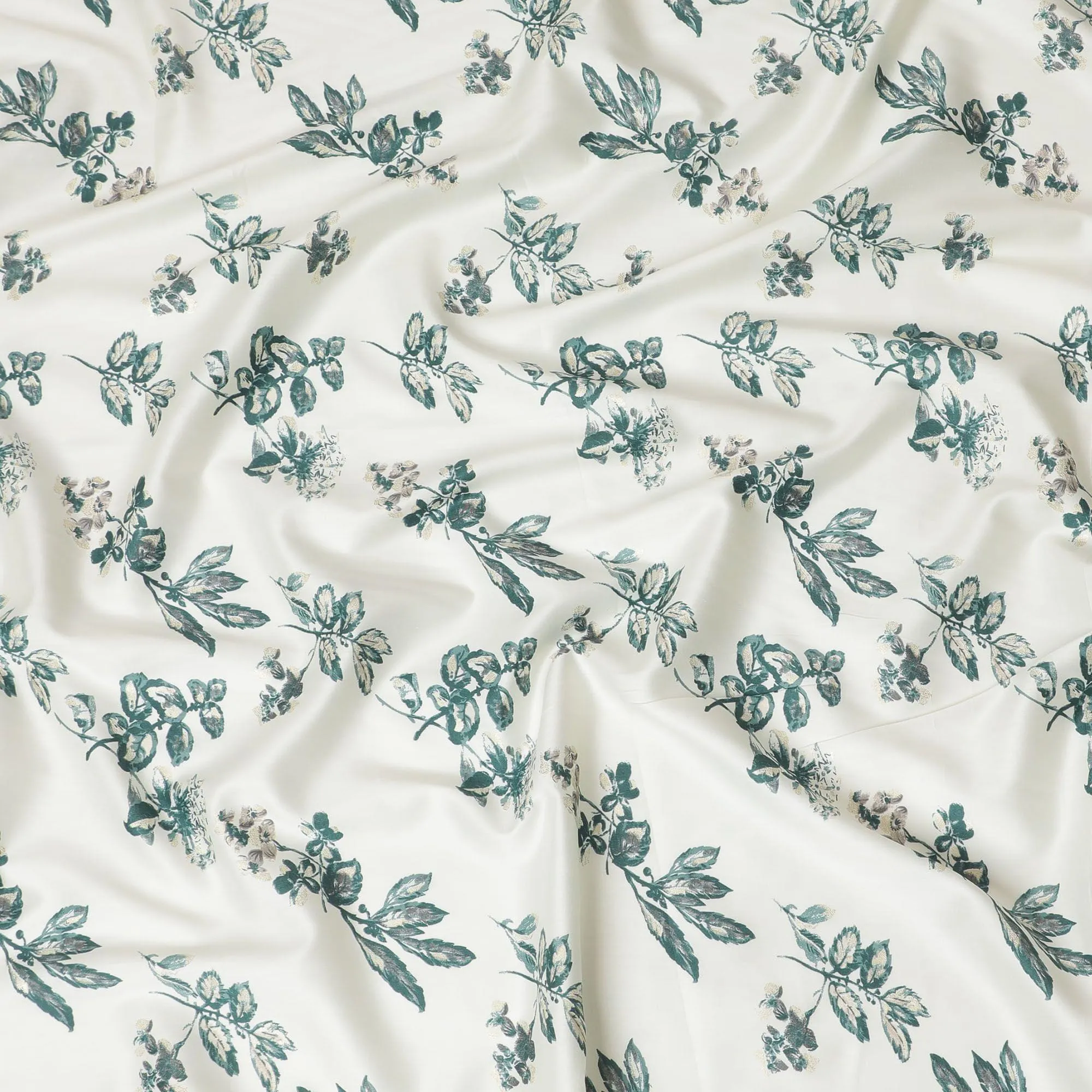 Cream cotton satin fabric with bottle green and gold print in floral design-D16419