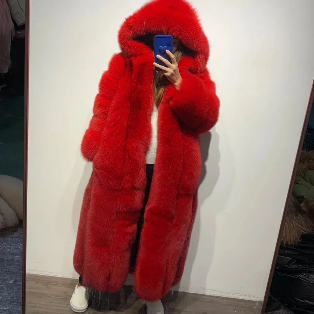 Designer Real Hooded Fox Fur Coat Full Length