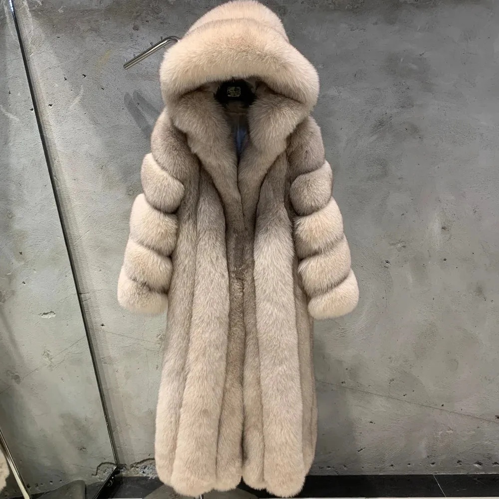 Designer Real Hooded Fox Fur Coat Full Length