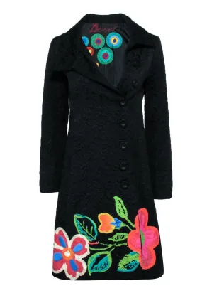 Desigual - Black Trench Coat w/ Multi-Color Painted Flowers Sz 4