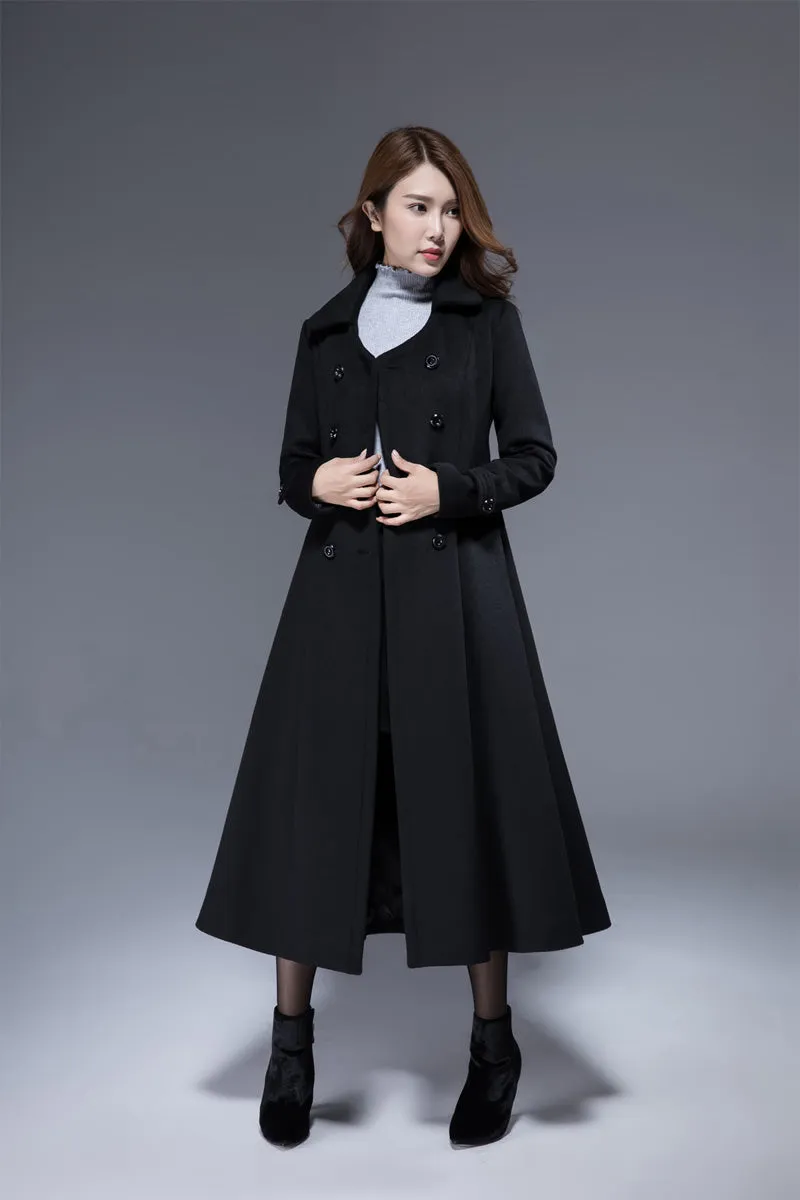 double breasted maxi black dress coat 1820#