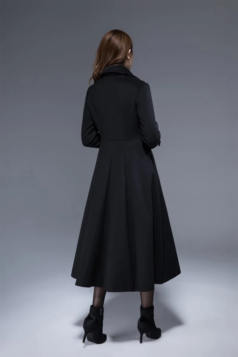 double breasted maxi black dress coat 1820#