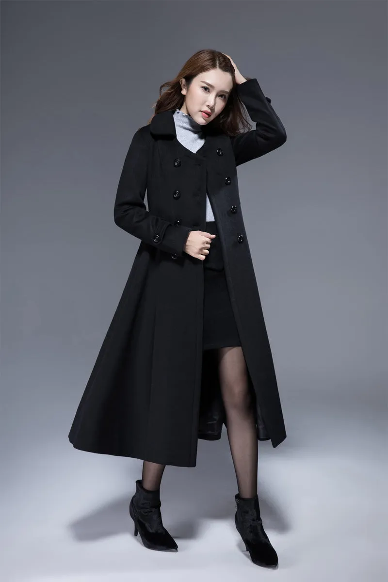 double breasted maxi black dress coat 1820#