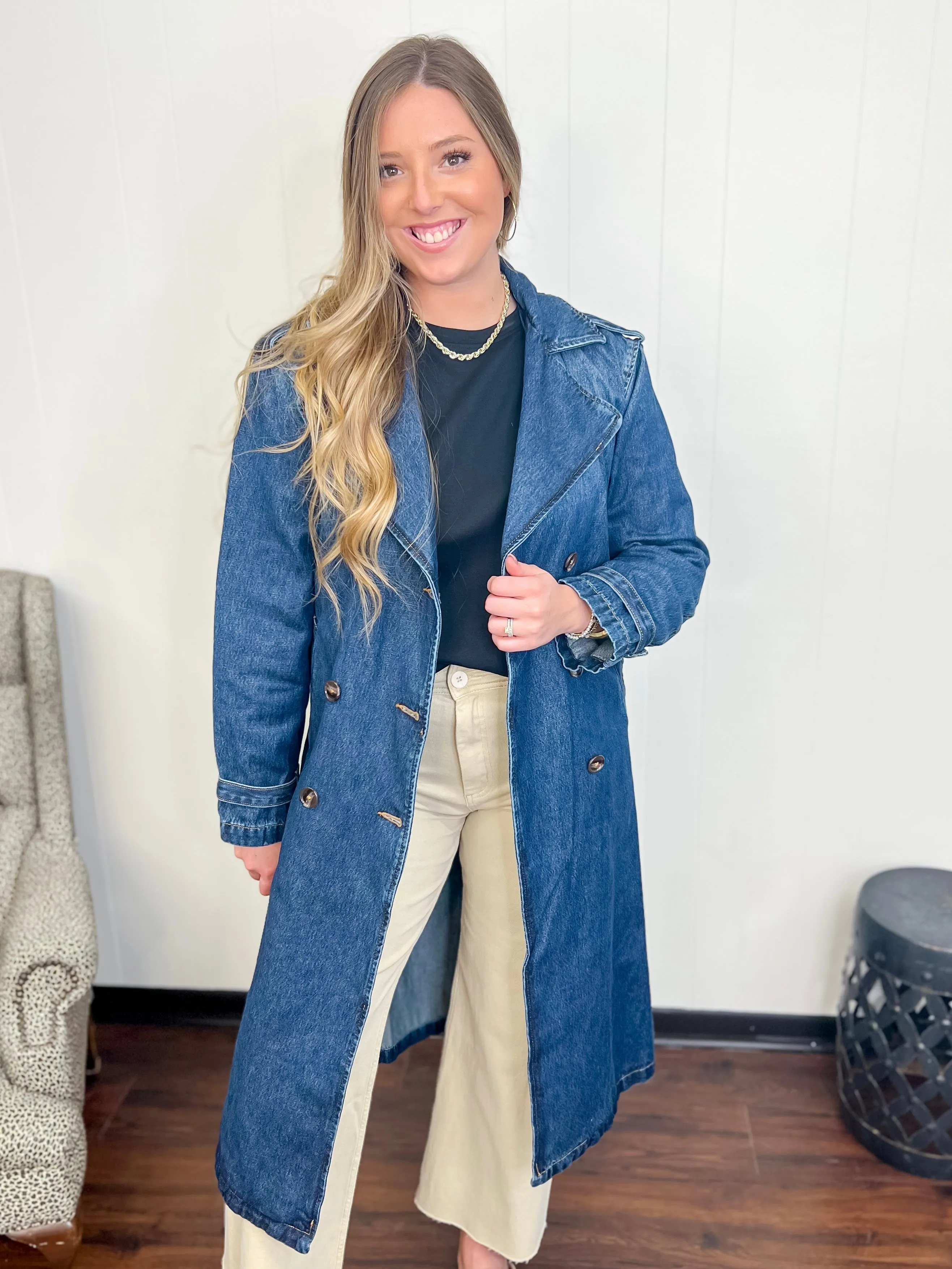 Downtown Denim Long Trench Coat