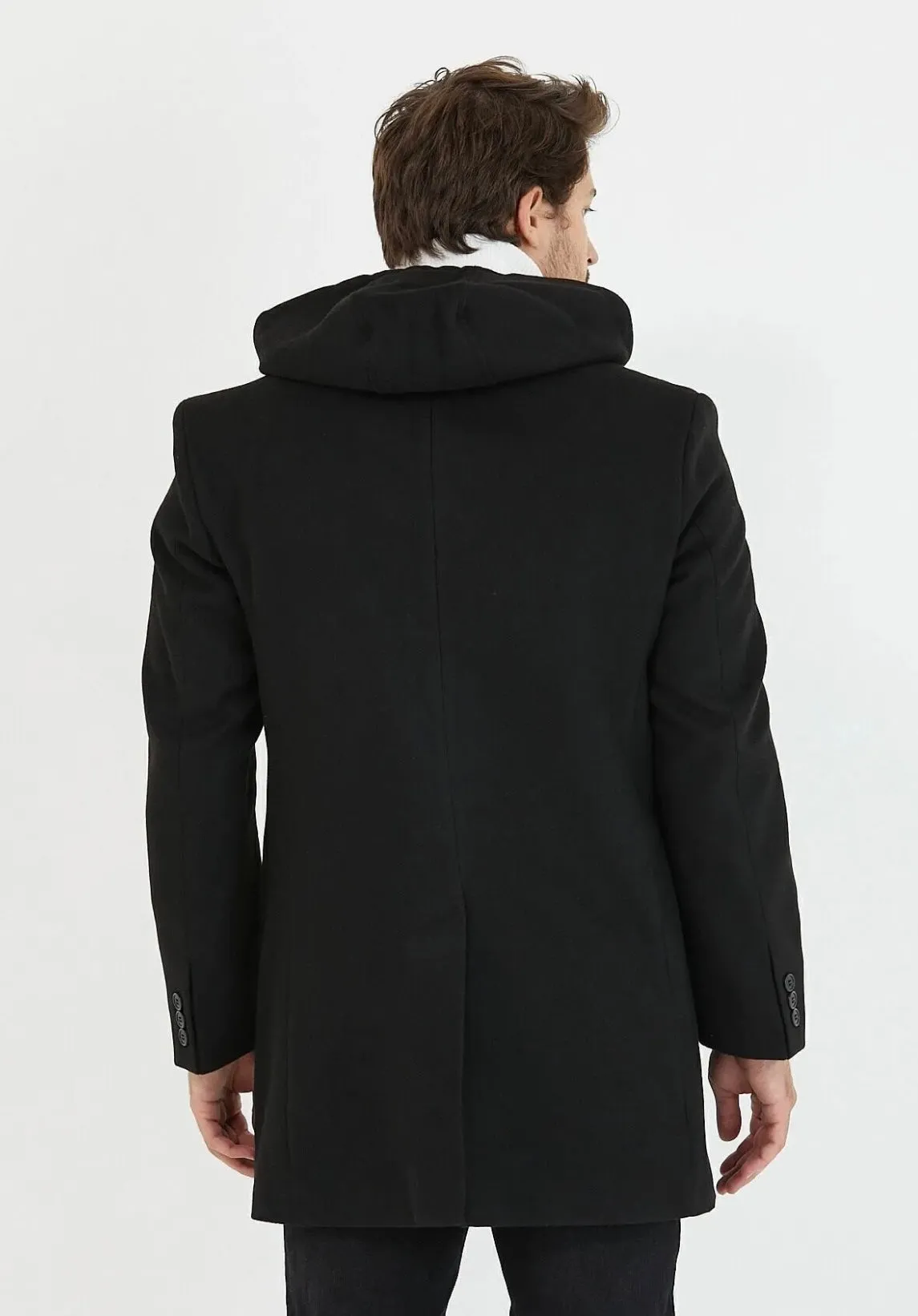 [Drew] Black Single-Breasted Pea Coat with Removable Hood –100% Wool