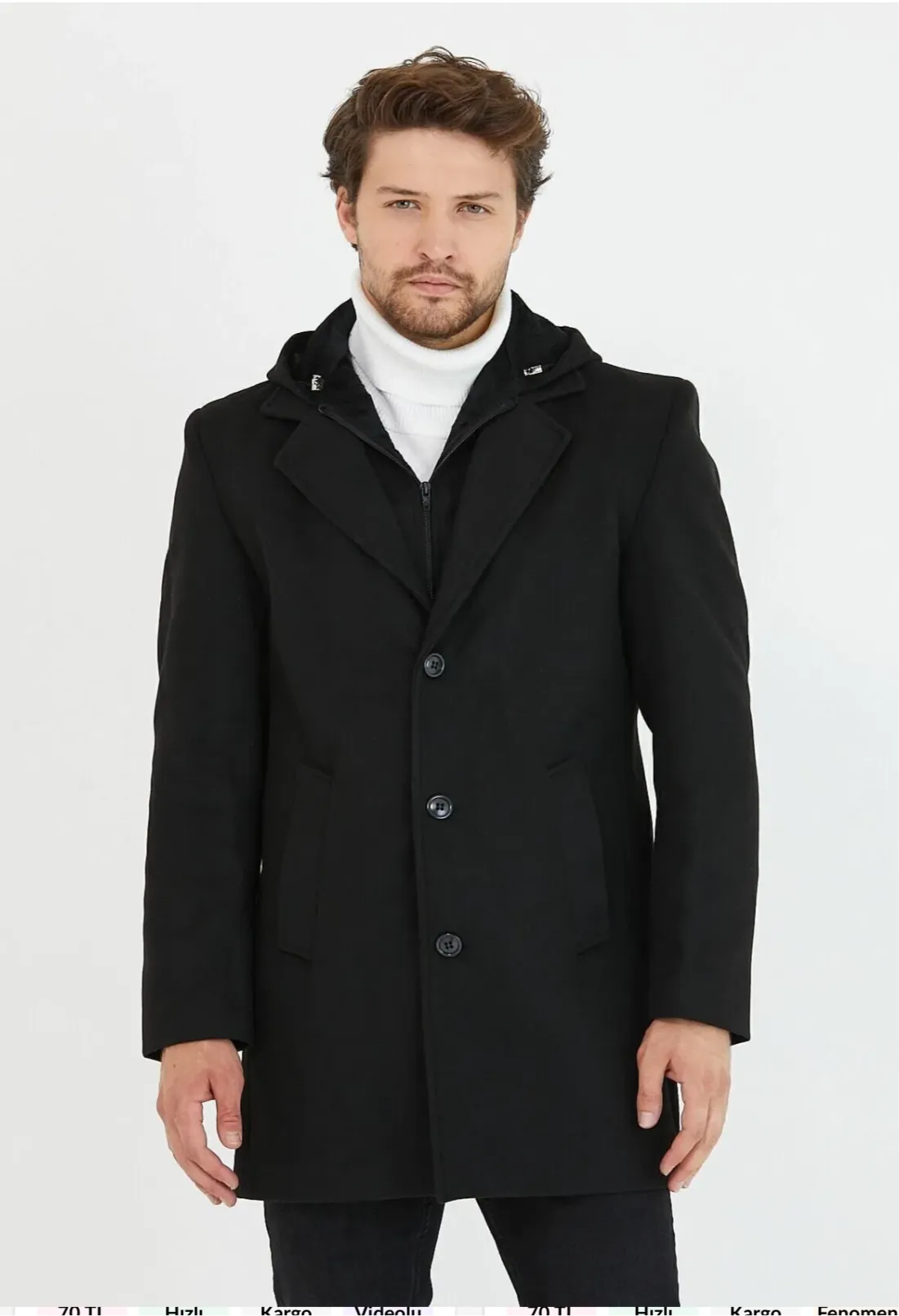 [Drew] Black Single-Breasted Pea Coat with Removable Hood –100% Wool