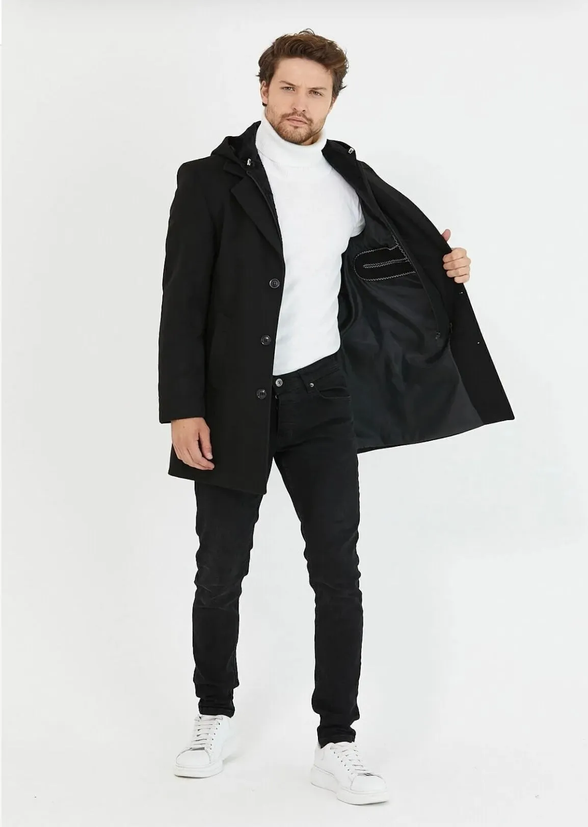 [Drew] Black Single-Breasted Pea Coat with Removable Hood –100% Wool