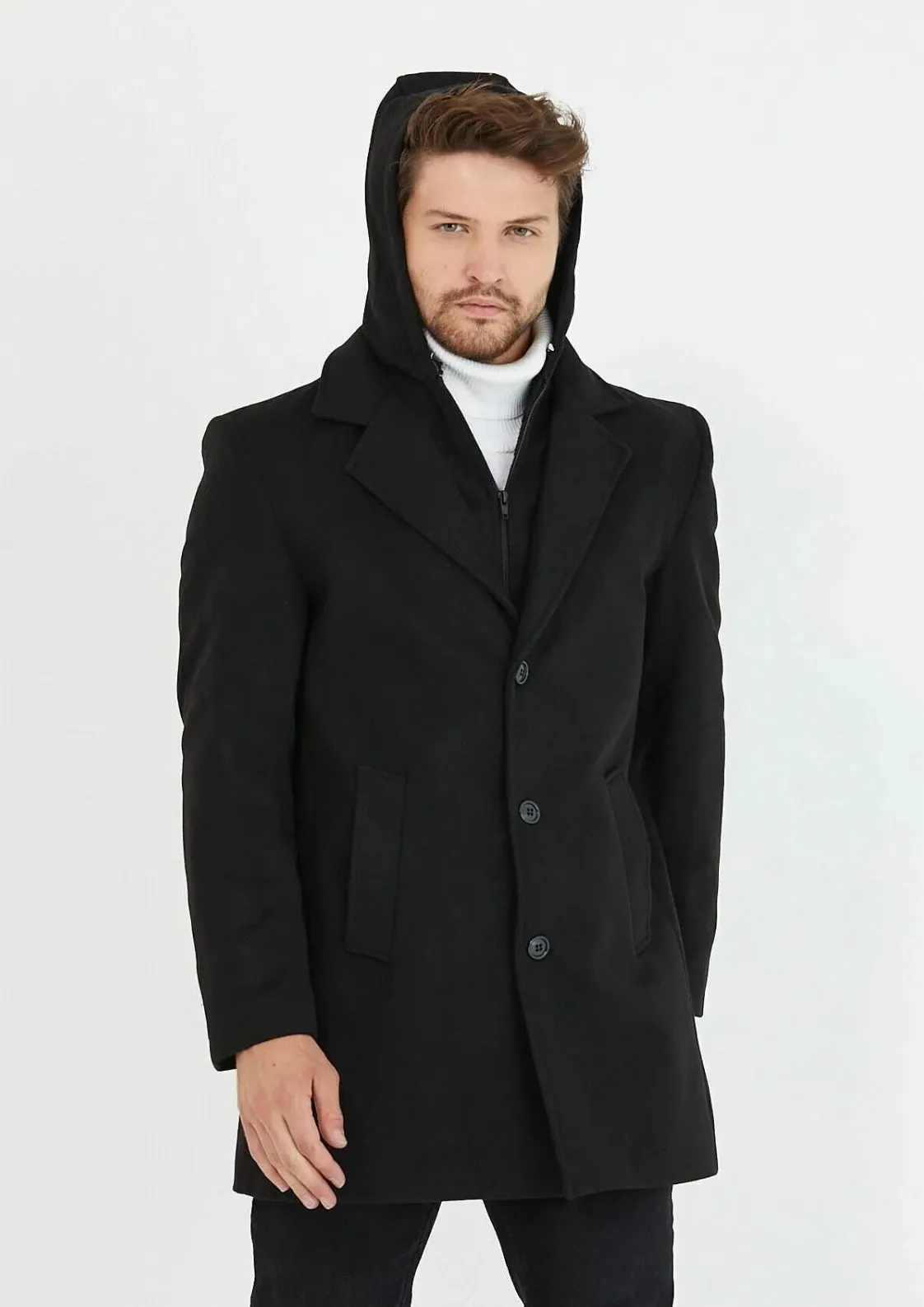 [Drew] Black Single-Breasted Pea Coat with Removable Hood –100% Wool