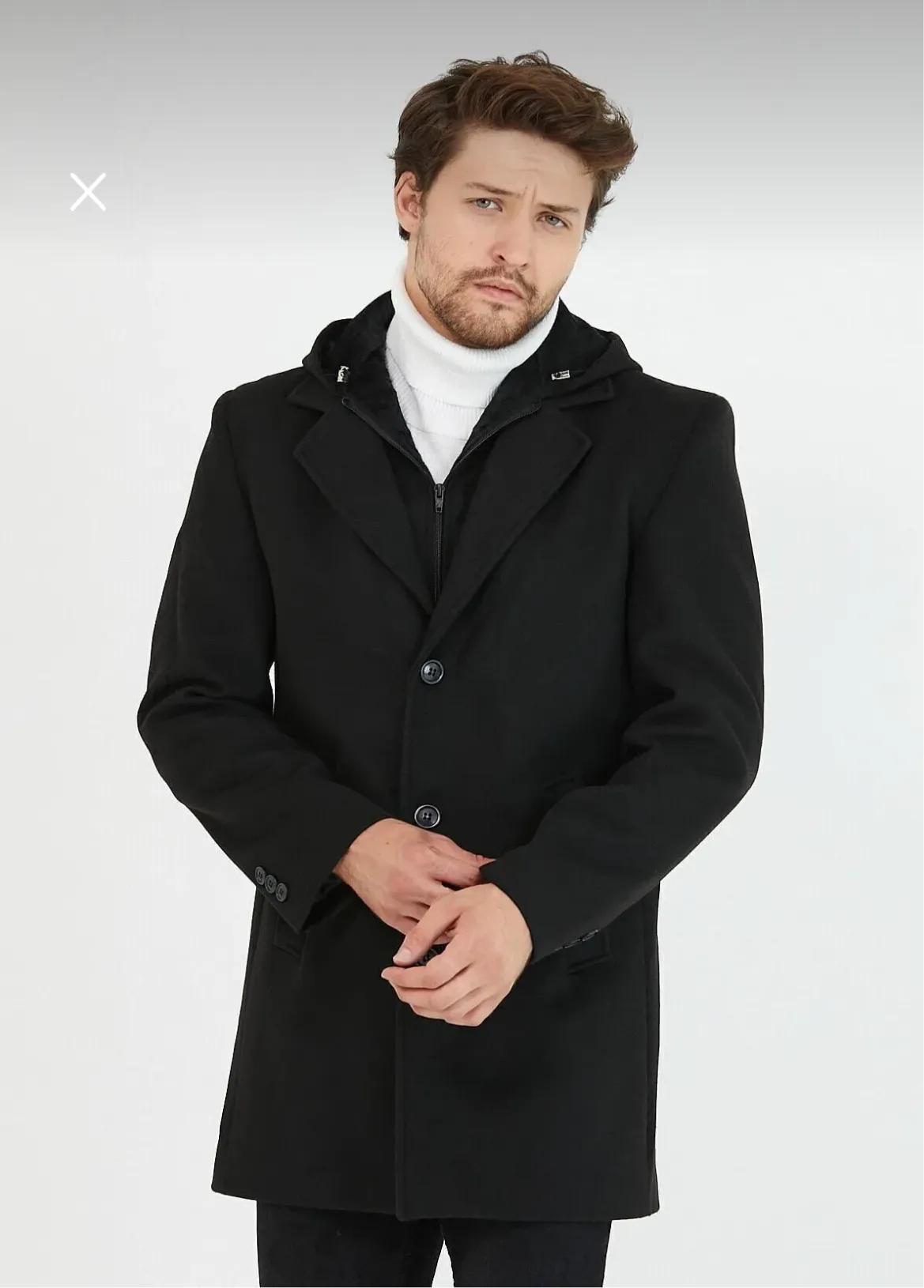 [Drew] Black Single-Breasted Pea Coat with Removable Hood –100% Wool