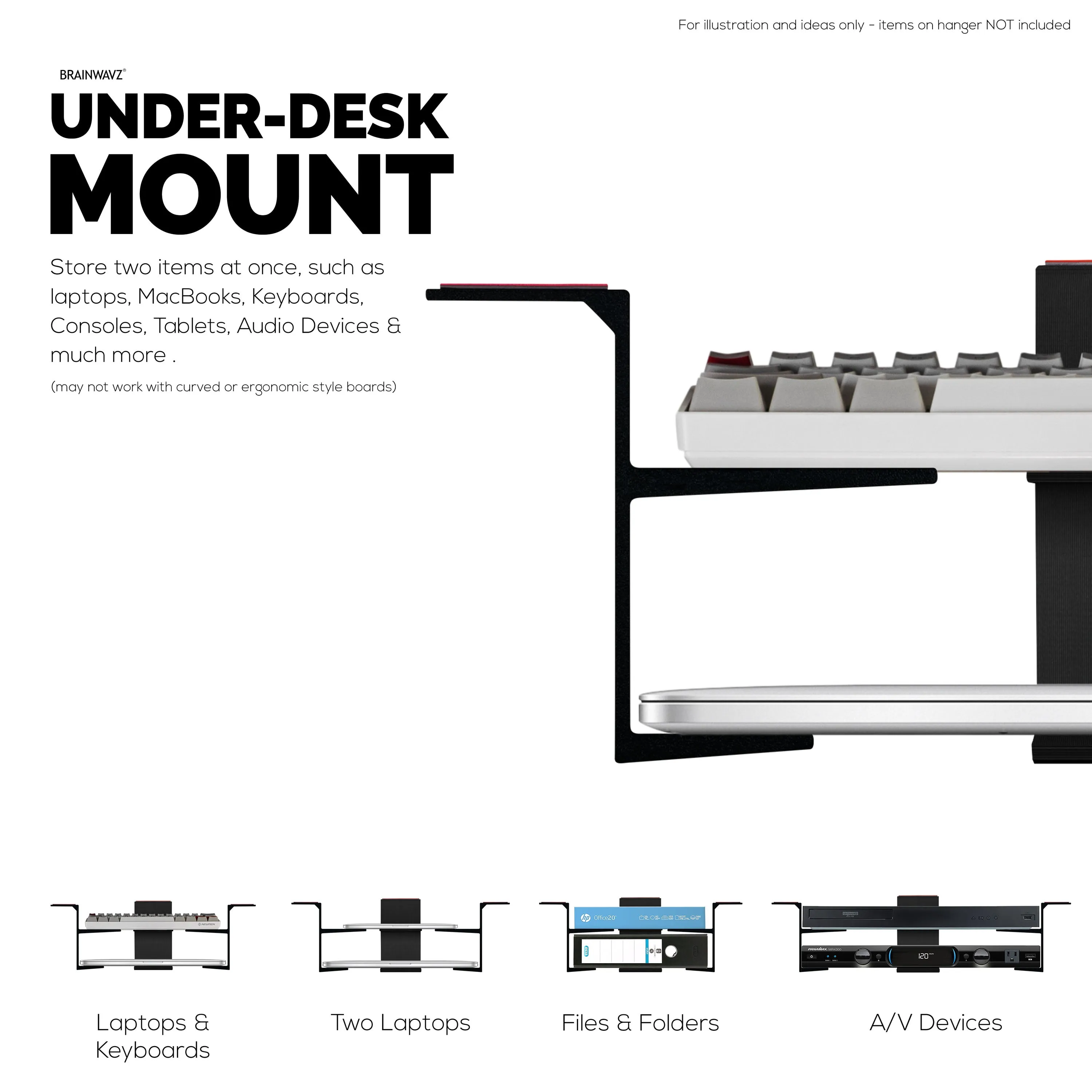 Dual Under Desk Holder Mount For Laptops & Devices upto 3" Thick Like Routers Cable Box Small Computers Macbook Surface Keyboard Modems Network Switch & More