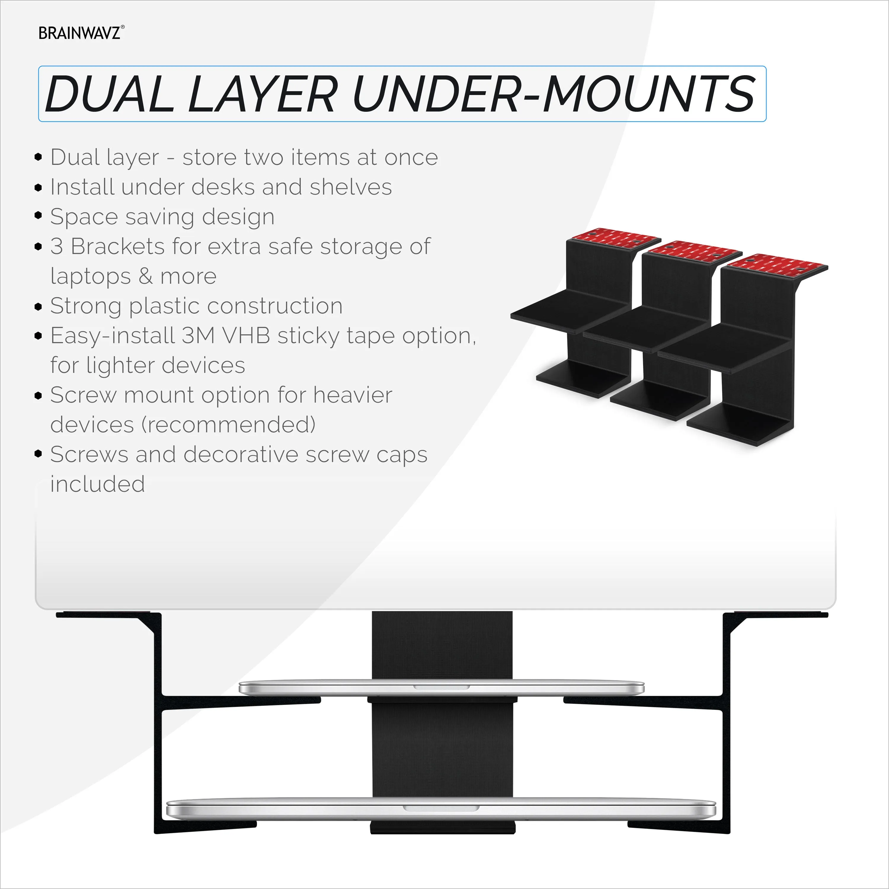 Dual Under Desk Holder Mount For Laptops & Devices upto 3" Thick Like Routers Cable Box Small Computers Macbook Surface Keyboard Modems Network Switch & More