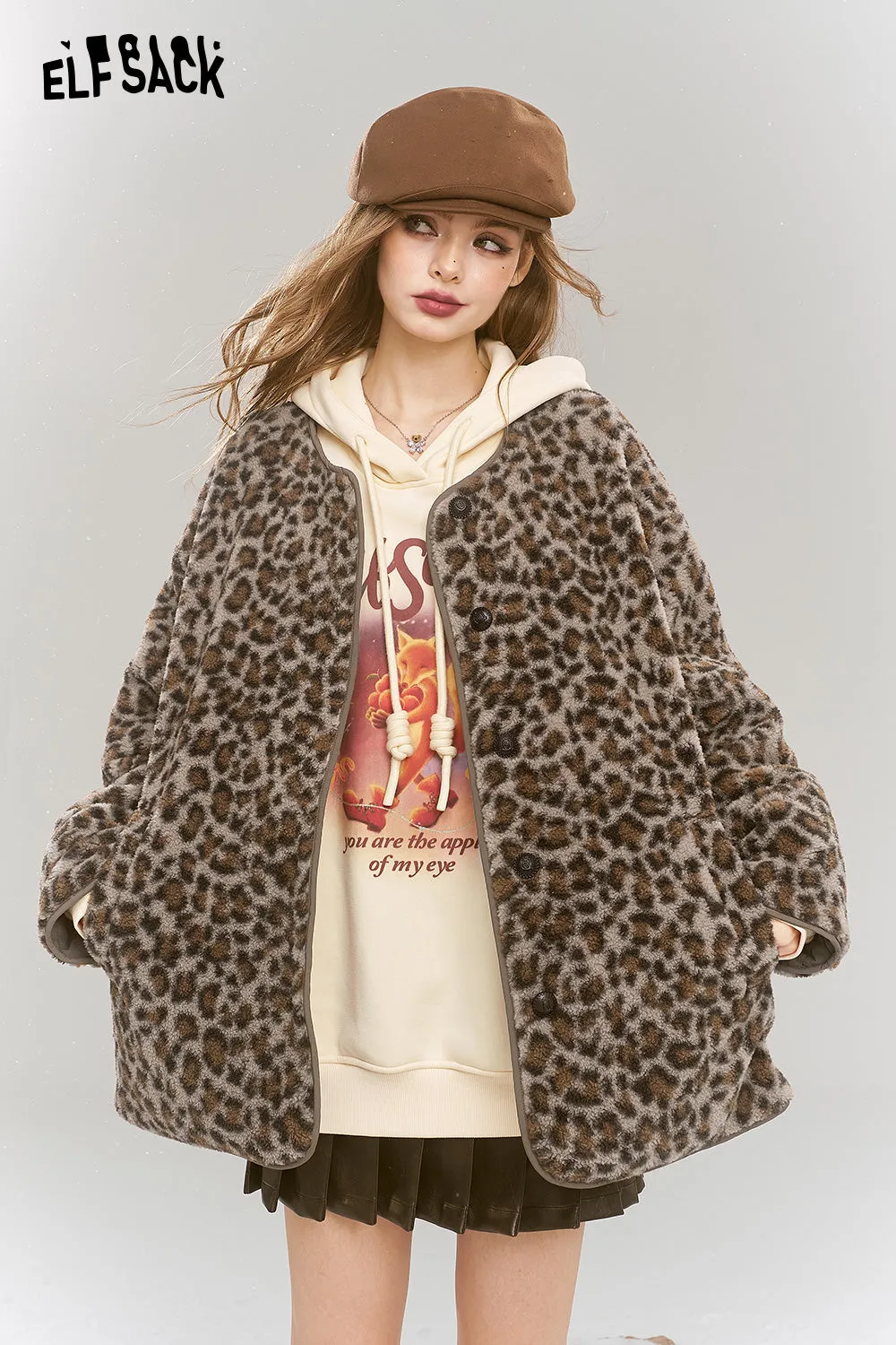 ELFSACK 2024 Winter New Arrivals Reversible Brown Leopard Print Plush Thickened Coat for Women