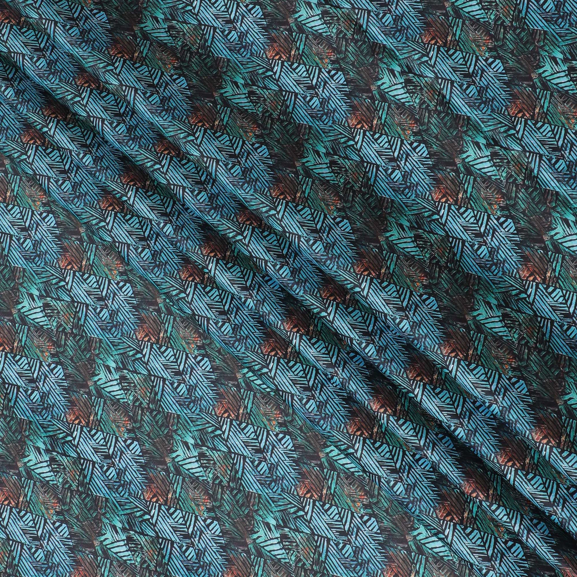 Exotic Teal and Copper Leaf Pattern Cotton Satin Fabric, 110 cm Wide-D19199