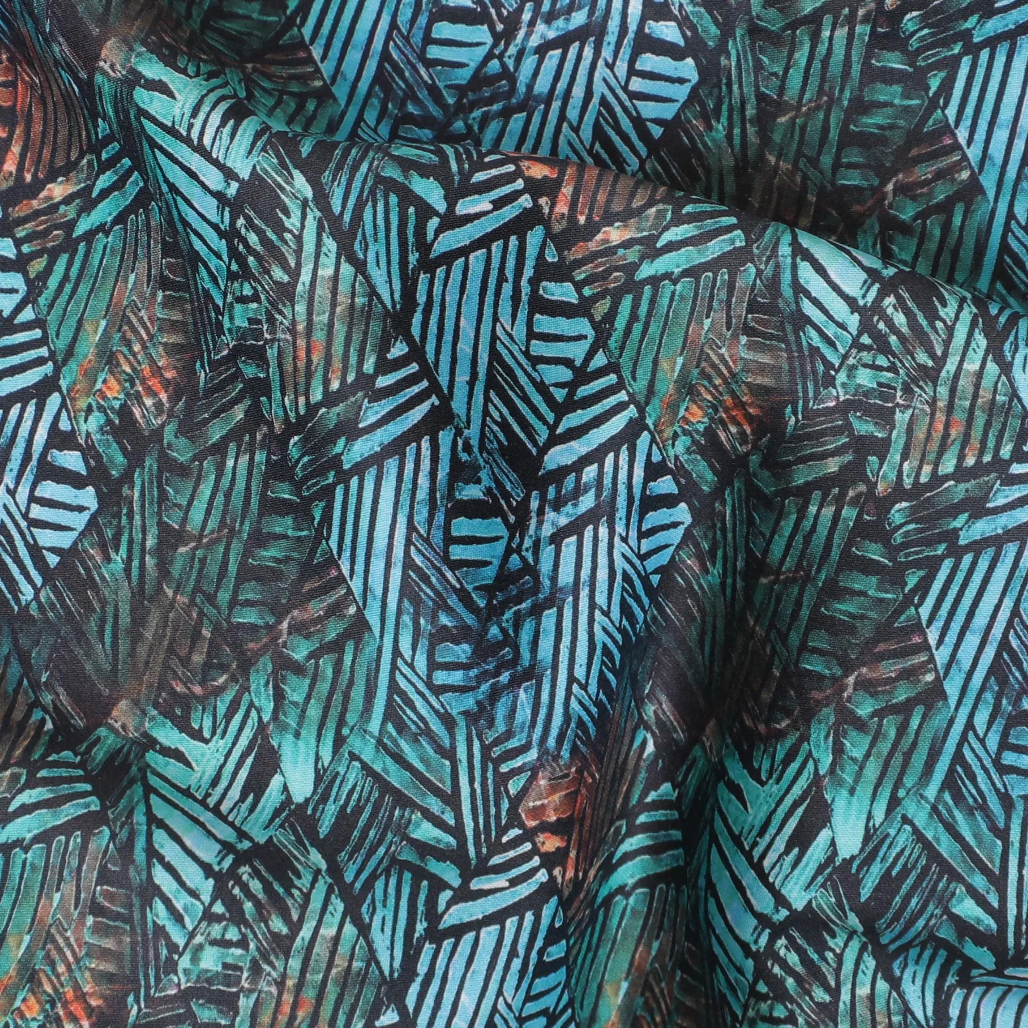 Exotic Teal and Copper Leaf Pattern Cotton Satin Fabric, 110 cm Wide-D19199