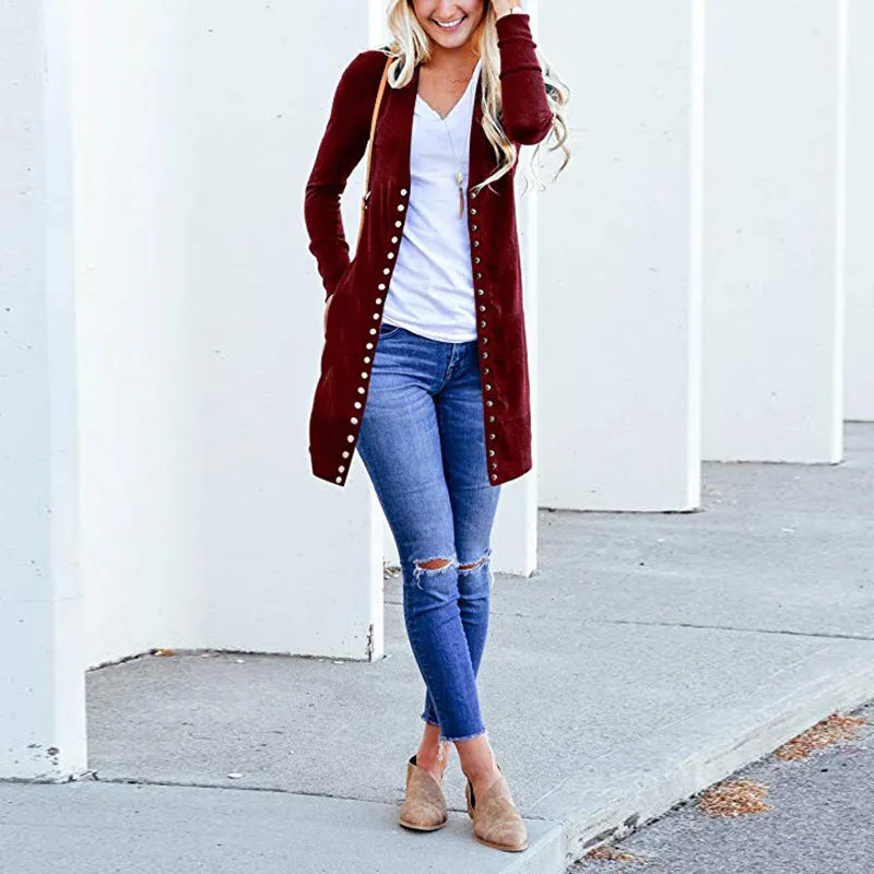 Fashion Long Button Solid Color Cardigan