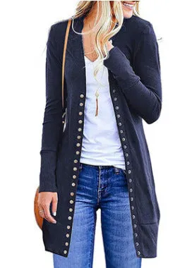 Fashion Long Button Solid Color Cardigan