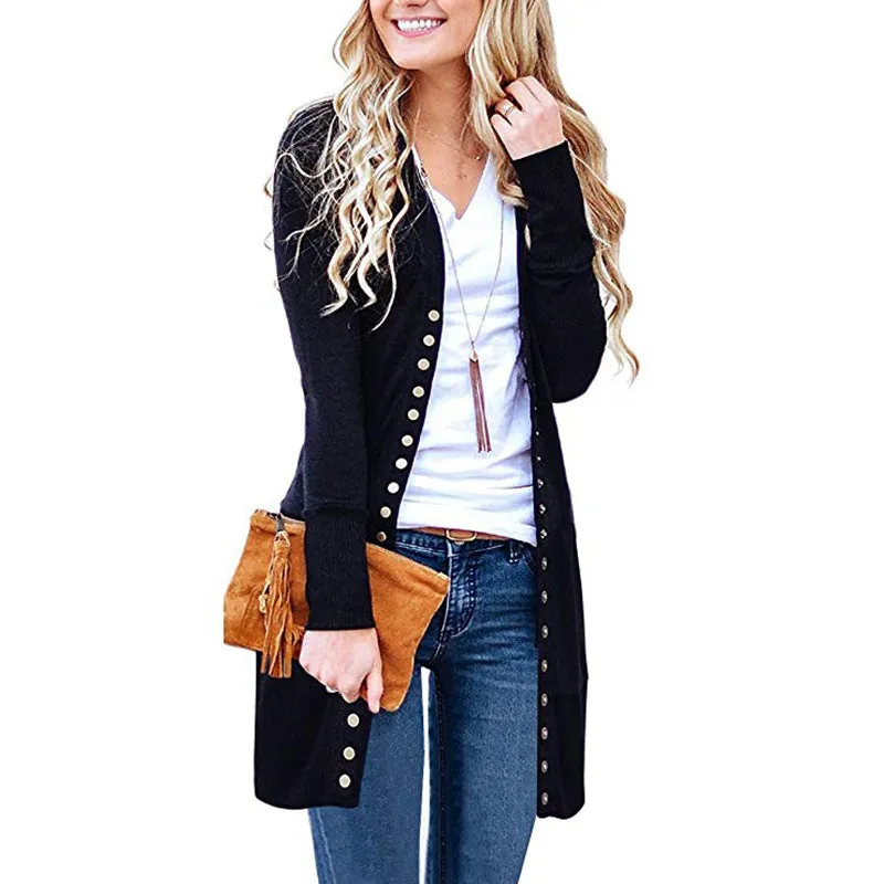 Fashion Long Button Solid Color Cardigan