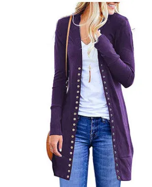 Fashion Long Button Solid Color Cardigan