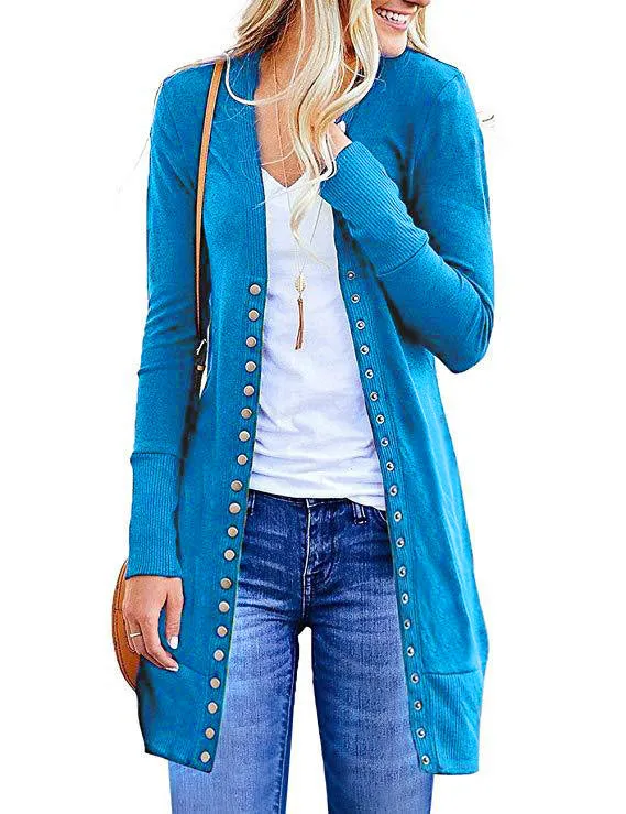 Fashion Long Button Solid Color Cardigan