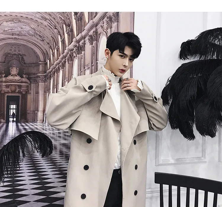 Fashionable Double Breasted Solid Colour Men Long Trench Coat