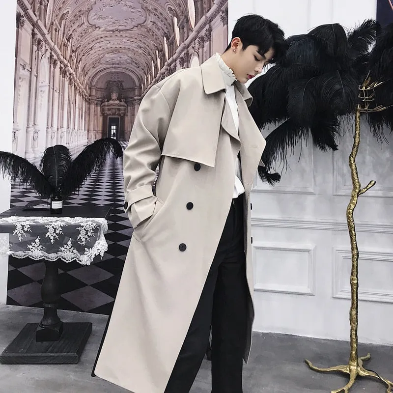 Fashionable Double Breasted Solid Colour Men Long Trench Coat