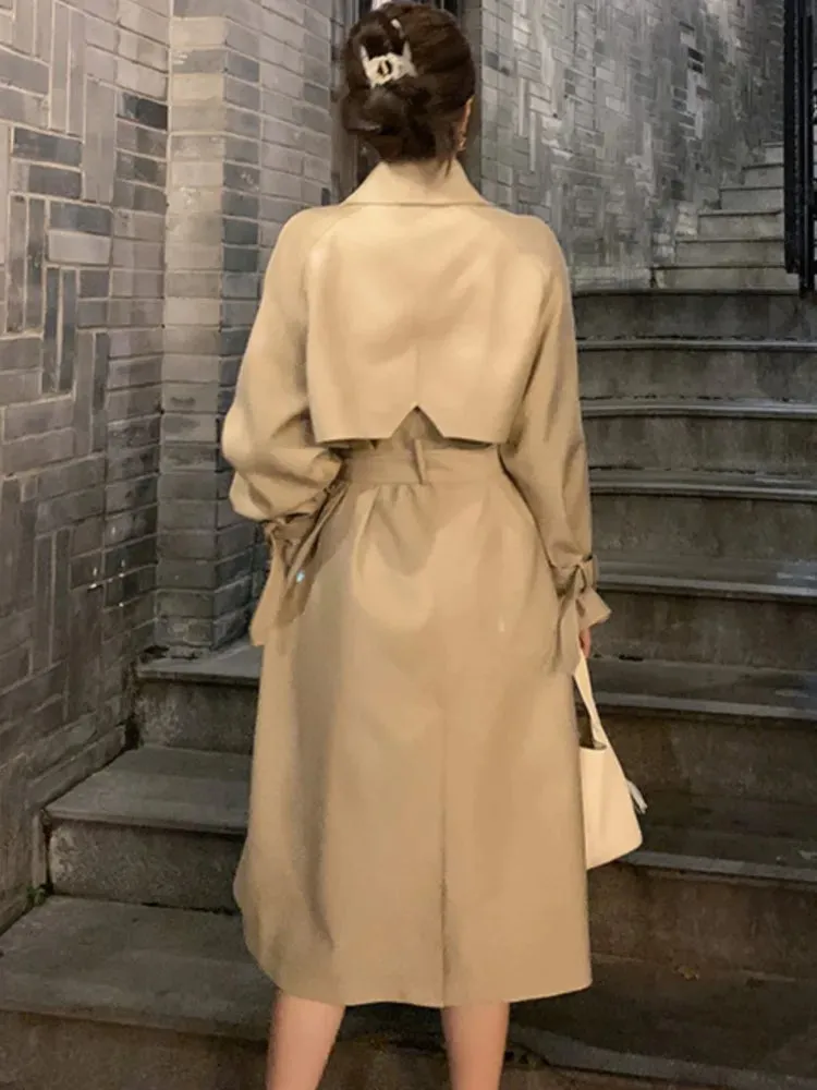 Fashionkova Autumn Winter Khaki Long Trench Coat for Women 2024 Jacket Elegant Outerwear Turn-down Collar Tie Belt Korean Chic Windbreaker