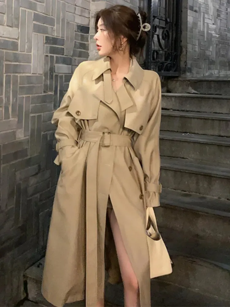 Fashionkova Autumn Winter Khaki Long Trench Coat for Women 2024 Jacket Elegant Outerwear Turn-down Collar Tie Belt Korean Chic Windbreaker