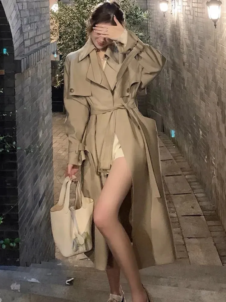 Fashionkova Autumn Winter Khaki Long Trench Coat for Women 2024 Jacket Elegant Outerwear Turn-down Collar Tie Belt Korean Chic Windbreaker