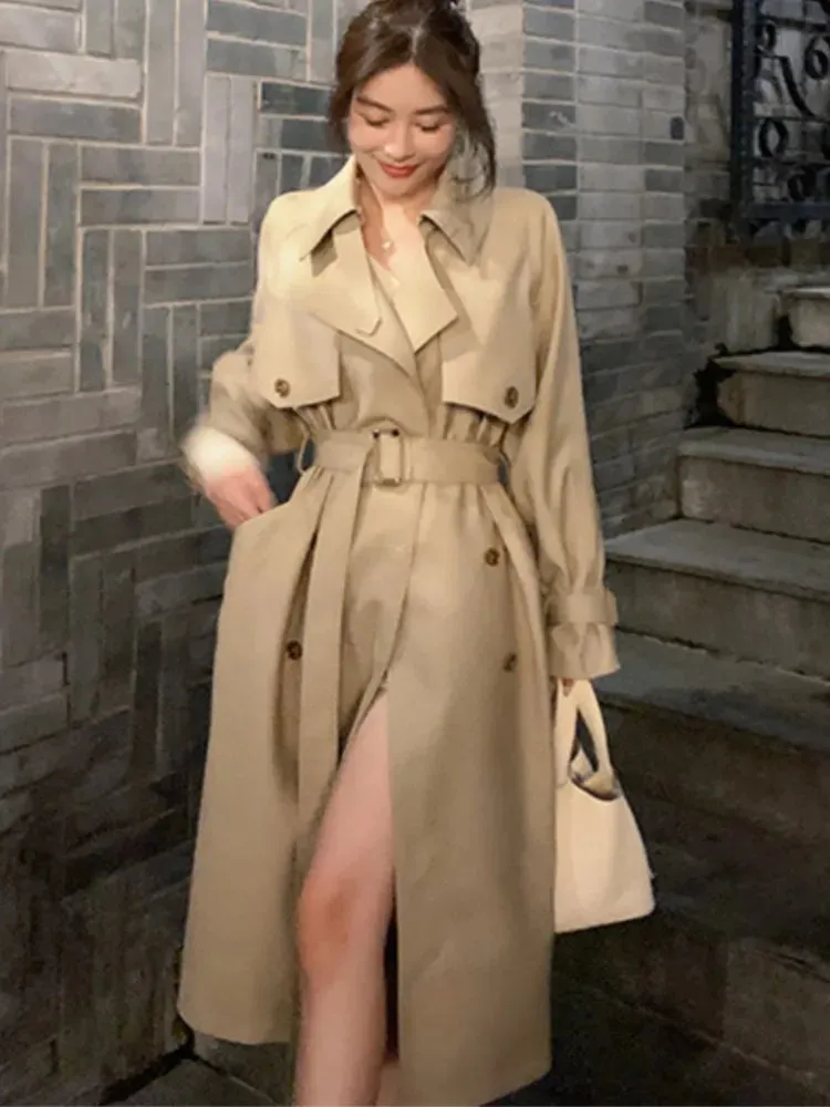 Fashionkova Autumn Winter Khaki Long Trench Coat for Women 2024 Jacket Elegant Outerwear Turn-down Collar Tie Belt Korean Chic Windbreaker