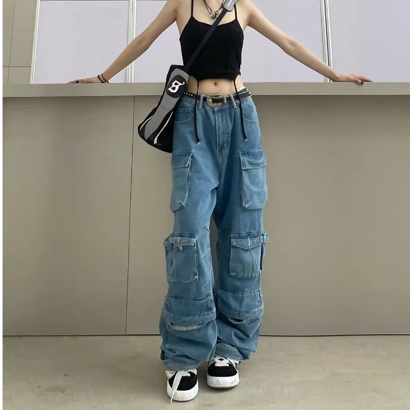 FashionKova - Multi Pockets Vintage Baggy Cargo Jeans