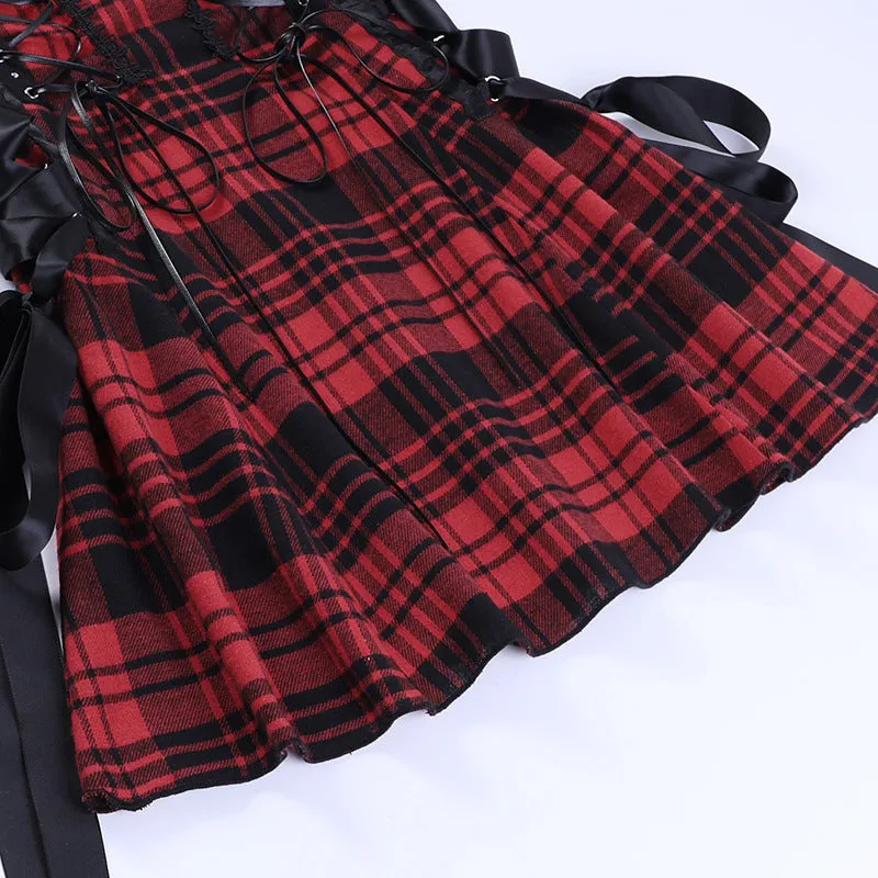 Funki Buys | Dresses | Women's Alt Goth Red Plaid Lolita Dress