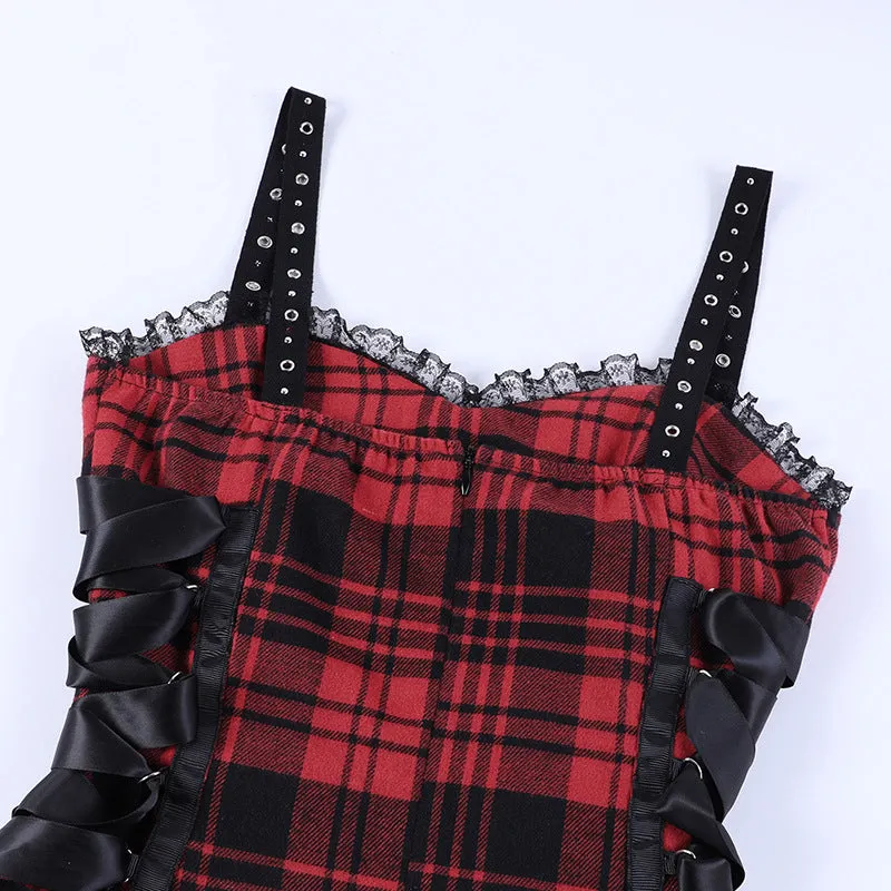 Funki Buys | Dresses | Women's Alt Goth Red Plaid Lolita Dress