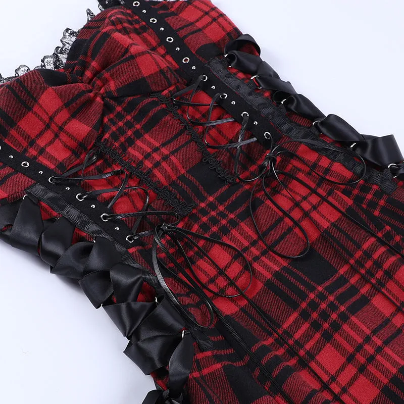 Funki Buys | Dresses | Women's Alt Goth Red Plaid Lolita Dress