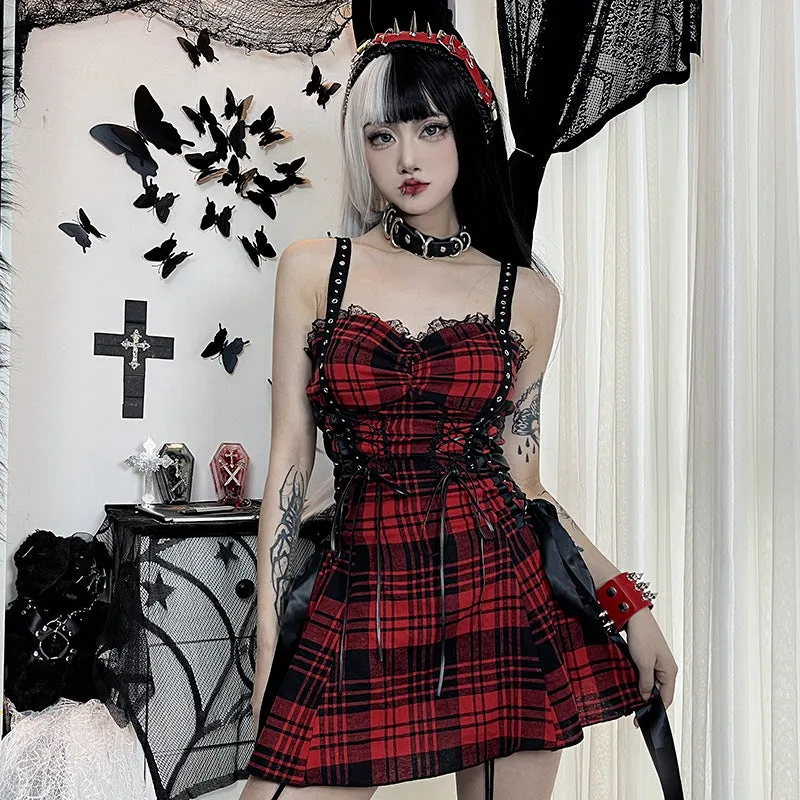 Funki Buys | Dresses | Women's Alt Goth Red Plaid Lolita Dress