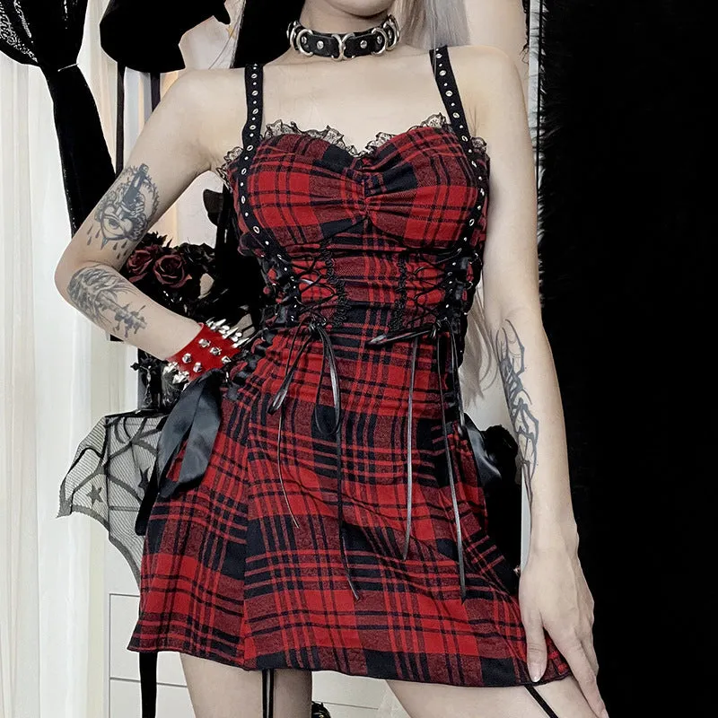 Funki Buys | Dresses | Women's Alt Goth Red Plaid Lolita Dress